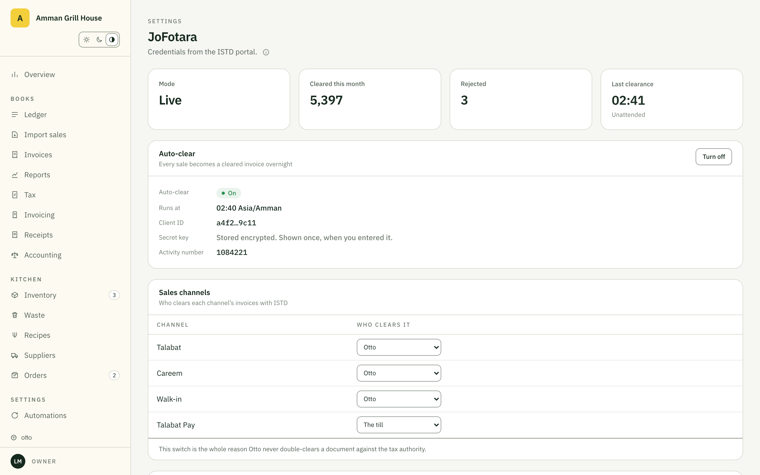 Otto, E-invoicing: JoFotara linked, last night's run cleared